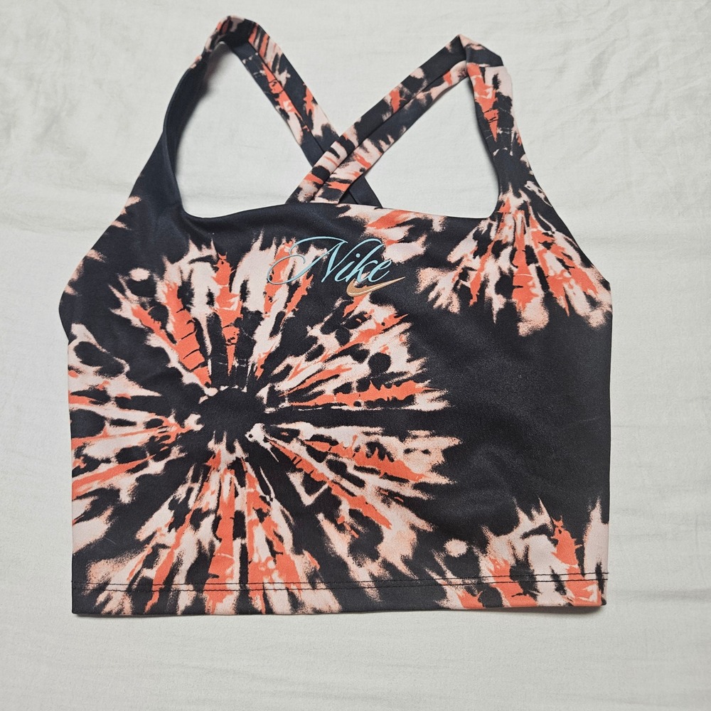 Nike Sports Bra Women Medium Black Orange Tie Dye Dri-FIT Cross Back Workout Top